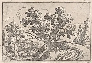 Landscape with a wooden bridge and two figures