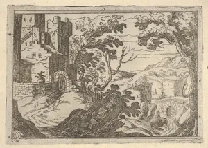 Landscape with buildings to the left and a bridge at right below
