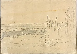 Landscape with Cedars and Buildings (Smaller Italian Sketchbook, leaf 24 recto) by Joseph Wright (Wright of Derby)