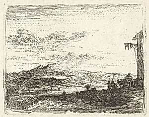 Landscape with corner of building and awning at far right, two figures and a horse-drawn cart are positioned with backs toward the building, a craggy hill beyond, from the series 'The Small Landscapes' by Karel Dujardin