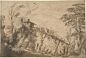 Landscape with Figures Crossing a Bridge (recto); Study of a Nude Male, Study of Legs, Study of Head in Profile to the Right (verso) by Anonymous, Italian, Roman-Bolognese, 17th century