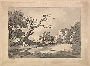Landscape with Figures on Horseback, Another Resting Under a Gnarled Tree, and a Cottage at Right Nestled in Trees by Thomas Rowlandson|Thomas Gainsborough