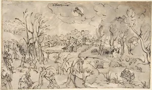 Landscape with Figures Trimming Trees, an Allegory of the Month of March; Verso: Mountainous Landscape with Two Men Crossing a Bridge
