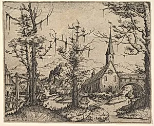 Landscape with Four Trees and a Church at Right