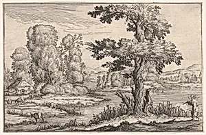 Landscape with goats grazing near a river and a figure in the right foreground, from a series of landscapes dedicated to the Grand Duke of Tuscany by Ercole Bazicaluva|Ferdinando II de' Medici, Grand Duke of Tuscany