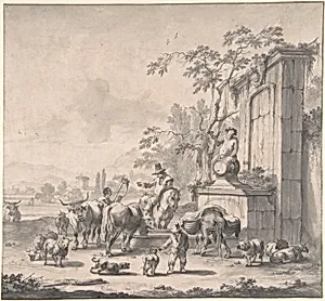 Landscape with Herdsmen, Sheep and Cows Around a Fountain by Pieter Bout