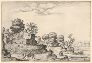 Landscape with peasant dwellings and a man leading a horse in the left foreground, from a series of landscapes dedicated to the Grand Duke of Tuscany