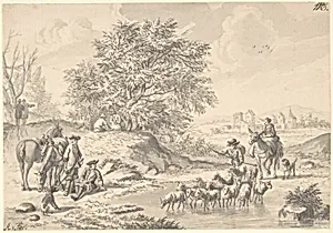 Landscape with Resting Cavaliers and a Shepherd with his Flock by Nicolaas Aartman