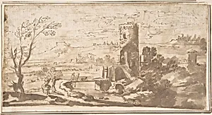 Landscape with Round Tower and Figures Crossing a Bridge by Anonymous, Italian, Roman-Bolognese, 17th century