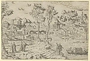 Landscape with ruins, courtiers, and a gondola by Léon Davent