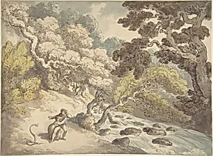 Landscape with rushing stream and a couple on the bank, frightened by a snake by Thomas Rowlandson