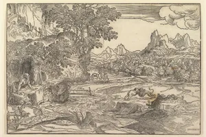Landscape with Saint Jerome at left looking towards lion and bear fighting at center; two figures with mule in the background