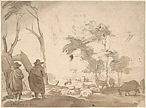 Landscape with Sheep and Two Figures (recto); Faint Sketch of a Figure with a Hat (verso) by Jacob van der Does