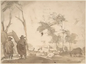 Landscape with Sheep and Two Figures (recto); Faint Sketch of a Figure with a Hat (verso)