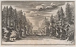 Landscape with two figures running along the bank of the river Xanto; set design from 'Il Pomo D'Oro' by Mathäus Küsel|Ludovico Ottaviano Burnacini