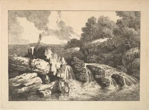 Landscape with Two Fishermen Climbing Rocks Next to a Waterfall