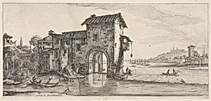 Landscape with water-mill and figures fishing in boat on the left river on the right, from the series 'Italian landscapes' (Diverse vedute designate in Fiorenza / Paysages italiens) by Jacques Callot|Israël Henriet