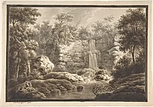 Landscape with Waterfall and a Mother and Child by Johann Peter Beer