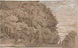 Large Forest. Verso: a tree-lined lane with figure