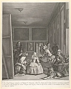 Las Meninas: the family of Philip IV in the foreground with the Infanta Margarita in the centre, Velázquez standing painting at left, the King and Queen reflected in the mirror in the background by Pierre Audouin|Velázquez (Diego Rodríguez de Silva y Velázquez)