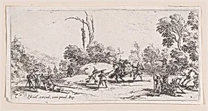 L'Attaque sur la Route estampe appelée aussi Vol Sur Les Grands Chemins (Attack on Route, also called Theft on the Great Road), from Les Petites Misères de la Guerre (The Little Miseries of War), plate 2 by Jacques Callot|Israël Henriet