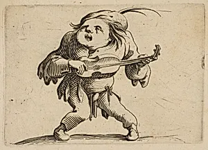 Le Bancal Jouant de La Guitar (The Bandy-Legged Man Playing the Guitar), from Varie Figure Gobbi, suite appelée aussi Les Bossus, Les Pygmées, Les Nains Grotesques (Various Hunchbacked Figures, The Hunchbacks, The Pygmes, The Grotesque Dwarfs) by Jacques Callot