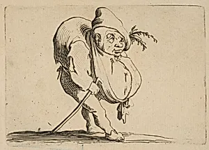 Le Bossu a La Canne (The Hunchback with a Cane), from Varie Figure Gobbi, suite appelée aussi Les Bossus, Les Pygmées, Les Nains Grotesques (Various Hunchbacked Figures, The Hunchbacks, The Pygmes, The Grotesque Dwarfs) by Jacques Callot
