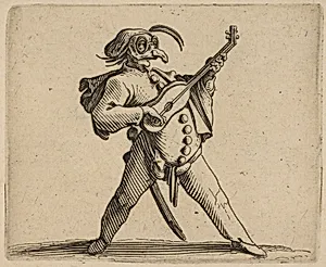 Le Comédien Masqué Jouant de la Guitare (The Masked Comedian Playing the Guitar), from Varie Figure Gobbi, suite appelée aussi Les Bossus, Les Pygmées, Les Nains Grotesques (Various Hunchbacked Figures, The Hunchbacks, The Pygmes, The Grotesque Dwarfs) by Jacques Callot
