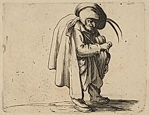 Le Jouer de Vielle (The Hurdy-Gurdy Player), from Varie Figure Gobbi, suite appelée aussi Les Bossus, Les Pygmées, Les Nains Grotesques (Various Hunchbacked Figures, The Hunchbacks, The Pygmes, The Grotesque Dwarfs) by Jacques Callot