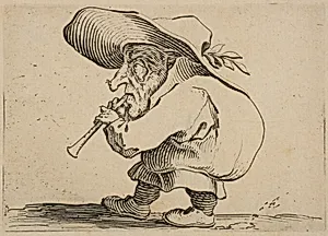 Le Joueur de Flageolet (The Flageolet Player), from Varie Figure Gobbi, suite appelée aussi Les Bossus, Les Pygmées, Les Nains Grotesques (Various Hunchbacked Figures, The Hunchbacks, The Pygmes, The Grotesque Dwarfs) by Jacques Callot