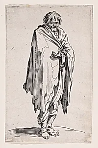 Le Mendiant a la Tête Découverte et aux Pieds Nuds (The Beggar with the Uncovered Head and Bare Feet), from Les Gueux suite appelée aussi Les Mendiants, Les Baroni, ou Les Barons (The Beggars, also called the Barons) by Jacques Callot