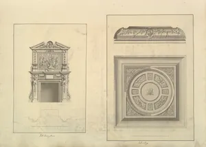 Leaf from Aedes Walpolianae mounted with two drawings: (a): Hall Chimney-Piece, Houghton Hall, Norfolk; (b): Hall Ceiling, Houghton Hall, Norfolk