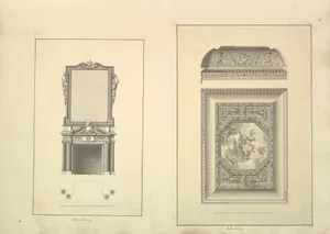 Leaf from Aedes Walpolianae mounted with two drawings: (a): Salon Chimney, Houghton Hall, Norfolk, Elevation; (b): Salon Ceiling, Houghton Hall, Norfolk