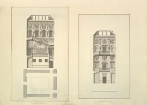 Leaf from Aedes Walpolianae mounted with two drawings (a): Side of the Staircase, Houghton Hall, Norfolk, Elevation; (b): End of Staircase, Houghton Hall, Norfolk