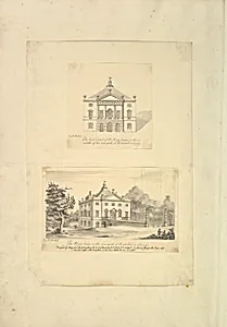 Leaf from Aedes Walpolinae mounted with (a): Elevation of Back Facade of the Kings House, Richmond, Surrey and (b): Perspective View of the Entrance Front of the Kings House, Richmond, Surrey by Augustus Heckel|Henry Herbert, 9th Earl of Pembroke