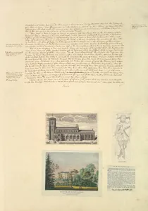 Leaf from Aedes Walpolinae mounted with a hand-written sheet, two prints and a printed sheet with drawn additions: (a): Sermon on Painting, continued; (b): St. Peter's Church at Walpole; (c): Chateau de Picton; (d): Monument of Eudo de Arsie; (e) Printed text describing Monument of Eudo de Arsie