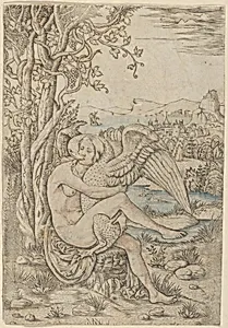 Leda and the Swan set in a landscape
