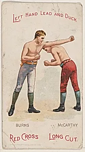 Left Hand Lead and Duck, Bobby Burns and Cal McCarthy, from the Boxing Positions and Boxers series (N266) issued by P. Lorillard Company to promote Red Cross Long Cut Tobacco by P. Lorillard Company|H.A. Thomas & Wylie Lithographer Co., New York