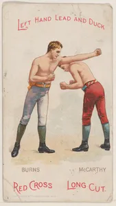 Left Hand Lead and Duck, Bobby Burns and Cal McCarthy, from the Boxing Positions and Boxers series (N266) issued by P. Lorillard Company to promote Red Cross Long Cut Tobacco