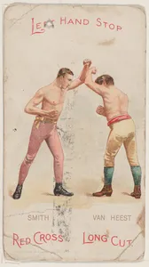 Left Hand Stop, Solomon Smith and Johnny Van Heest, from the Boxing Positions and Boxers series (N266) issued by P. Lorillard Company to promote Red Cross Long Cut Tobacco