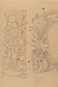 Left Part of the Drawing: Floral Ornaments; Right Part of the Drawing: Half Cartouche Decorated with Leaves, Arms and a Lion by Agostino (Stanzani) Mitelli