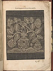Les Secondes Oeuvres, et Subtiles Inventions De Lingerie du Seigneur Federic de Vinciolo Venitien, page 64 (recto) by Federico de Vinciolo|Jean Le Clerc|Catherine de Bourbon