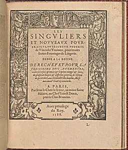 Les Singuliers et Nouveaux Portraicts... page 41 (recto) by Federico de Vinciolo|Jean Le Clerc|Henri III, King of France and Poland|Louise de Lorraine-Vaudemont|Chambolle-Duru