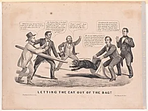 Letting the Cat Out of the Bag!! by Hannibal Hamlin|Henry Jarvis Raymond|Louis Maurer|Abraham Lincoln|William H. Seward|Currier & Ives|Charles Sumner|Horace Greeley