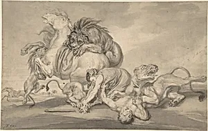Lions Attacking Two Men and a Horse