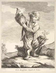 Little boy holding a vessel, from "Premier Livre de Figures d'après les porcelaines de la Manufacture Royale de France, inventées en 1757, par Mr. Boucher" (First Book of Figures after porcelains from the Manufacture Royale de France, devised in 1757, by Mr. Boucher)