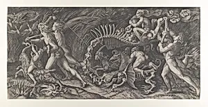 Lo Stregozzo: a female witch riding on an animal skeleton, preceded by two men and a boy on a goat blowing on a horn, another naked man behind carrying two bones by Agostino Veneziano (Agostino dei Musi)