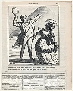 –Léocadie, up there 40 centuries and three quarters are looming down upon us. –Oh, my God, and I didn't even dress up!…, from 'News of the day,' published in Le Charivari, November 27, 1869 by Honoré Daumier|Walter Frères|Arnaud de Vresse