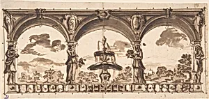 Loggia with Caryatids before a Fountain and Landscape by Anonymous, Italian, Roman-Bolognese, 17th century