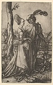 Lord and lady walking with figure of death hiding behind a tree, holding an hourglass, The Promenade after Dürer by Marcantonio Raimondi|Albrecht Dürer
